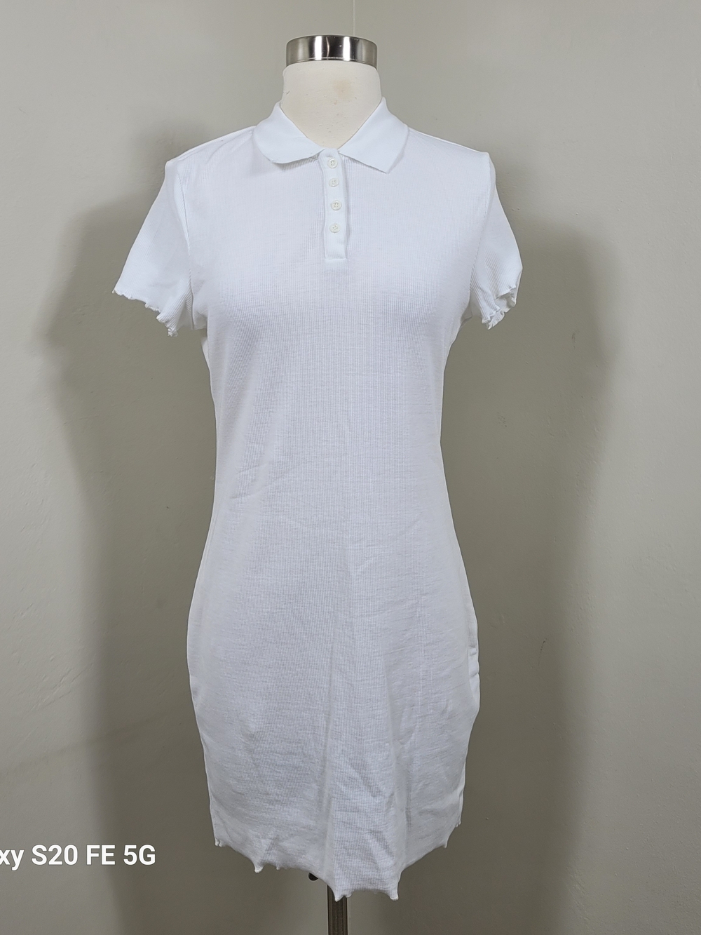 Shein White Ribbed Short Sleeve Polo Dress Size 8-10